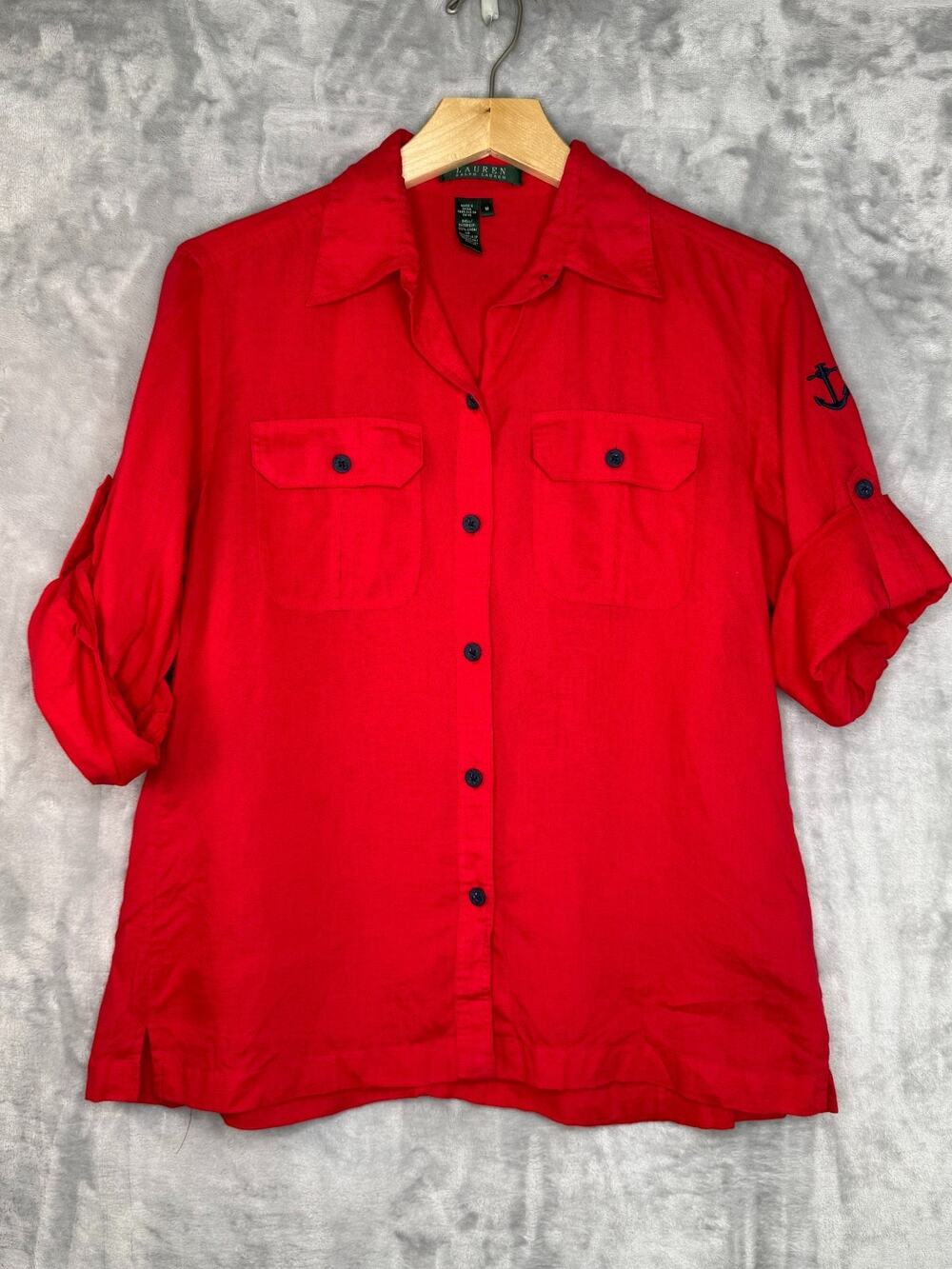 Lauren Ralph Lauren Shirt Womens Medium Red 100% Linen Navy Button Nautical